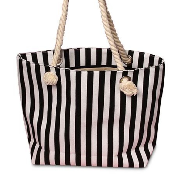 Black & White Nautucal Vertical Stripped Canvas Tote Bag (FREE W/ $50 ORDER!) - Picture 2 of 4